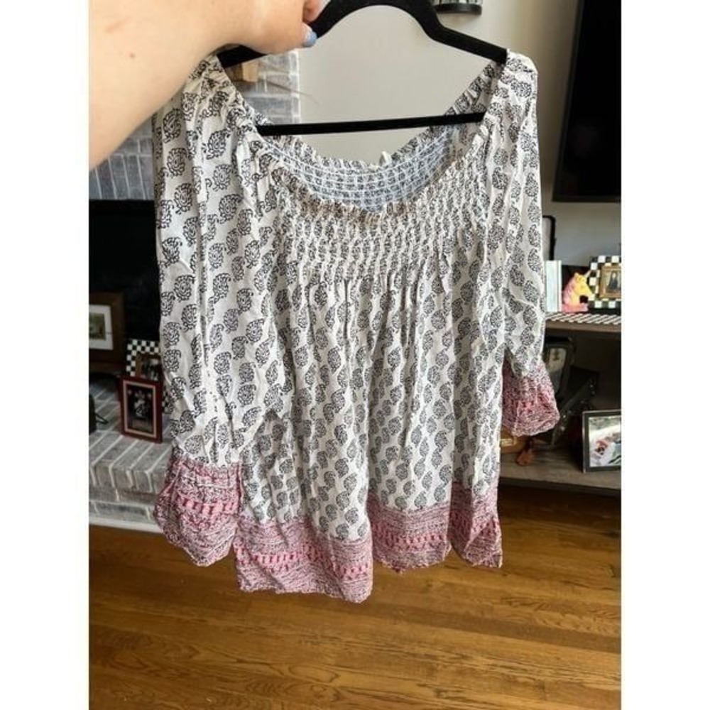 Beach Lunch Lounge Womens Top 2XL Off Shoulder Smocked 3/4 Bell Sleeve Blouse